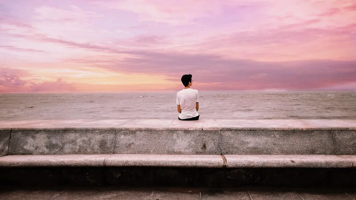 A person sitting alone by the ocean at sunset